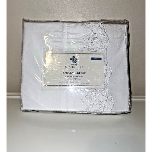 NEW SHABBY CHIC White Twin Bed Sheet Set 3 Pieces Embroidered - Picture 1 of 8